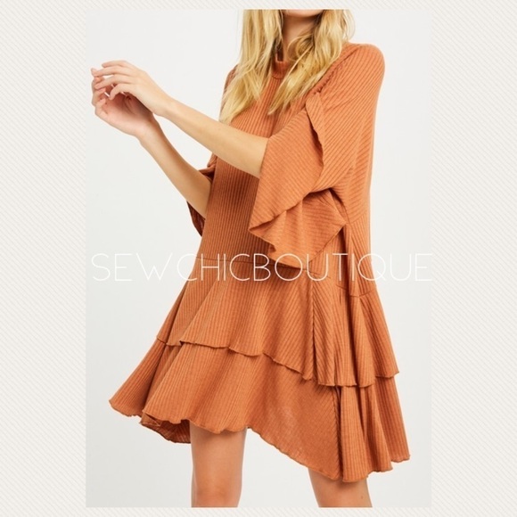 Rib Knit Ruffle Mini Dress in Chai - Picture 4 of 8